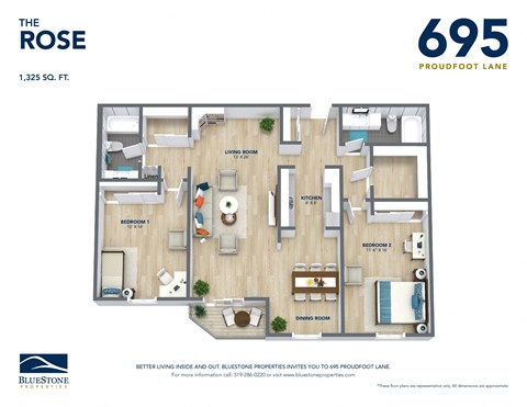 Floor plan for 2 beds, 2 baths, 1325 sqft